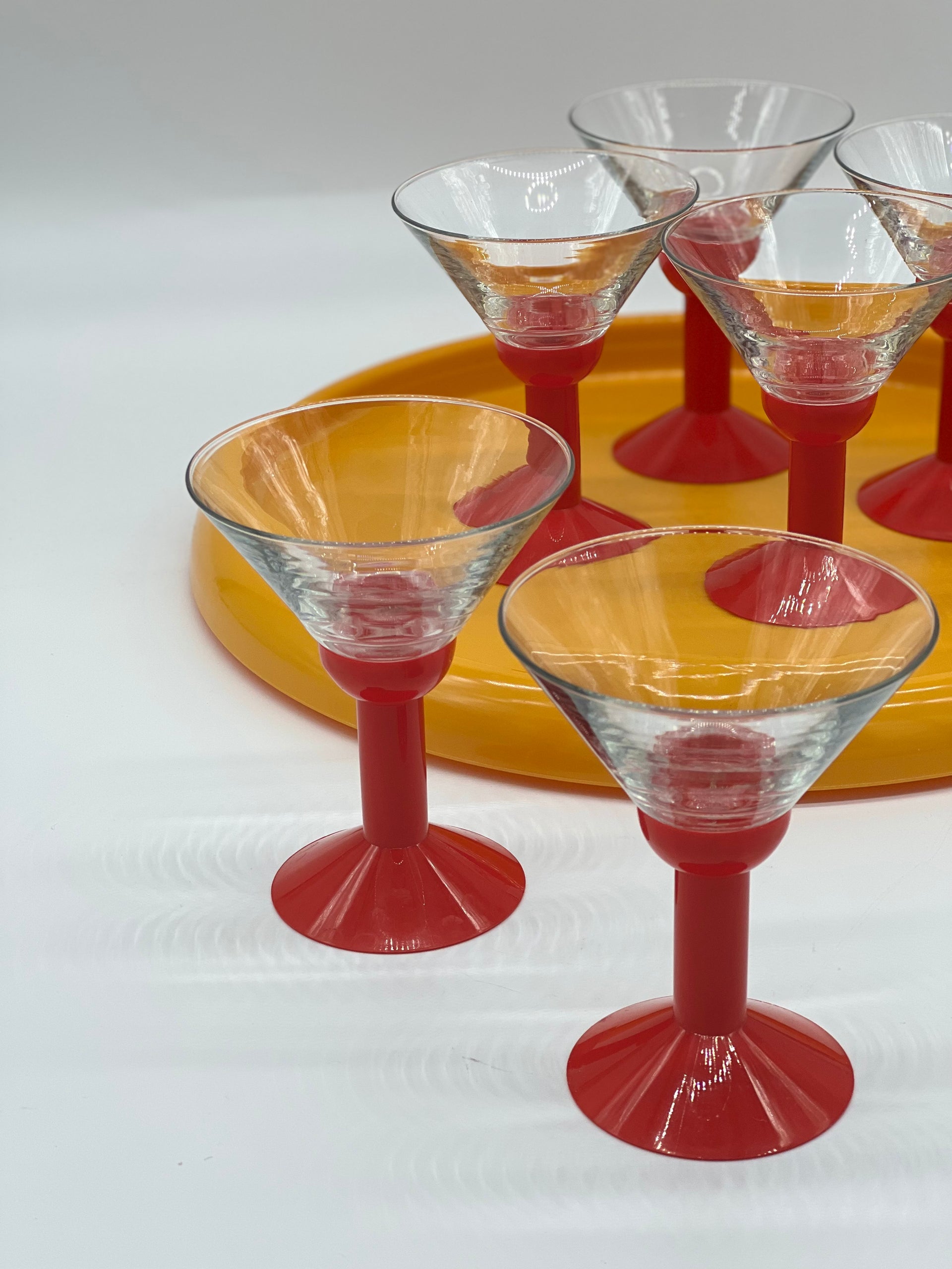 Pier 1 Murano Style Martini Glasses and Pitcher Matching Set of 7 Vintage  Red Orange Handblown Cocktail Glasses 90s Drinkware 